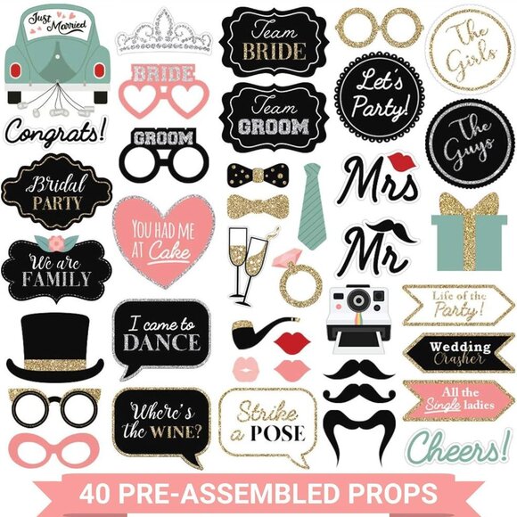 Elegant Wedding Party Supplies - 40 Glitter Photo Booth Props No DIY Needed